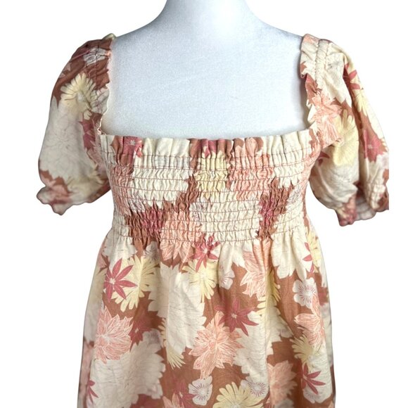 Faherty Coral Floral Organic Cotton Smocked Square-Neck Puff-Sleeve Dress Small - Picture 5 of 14